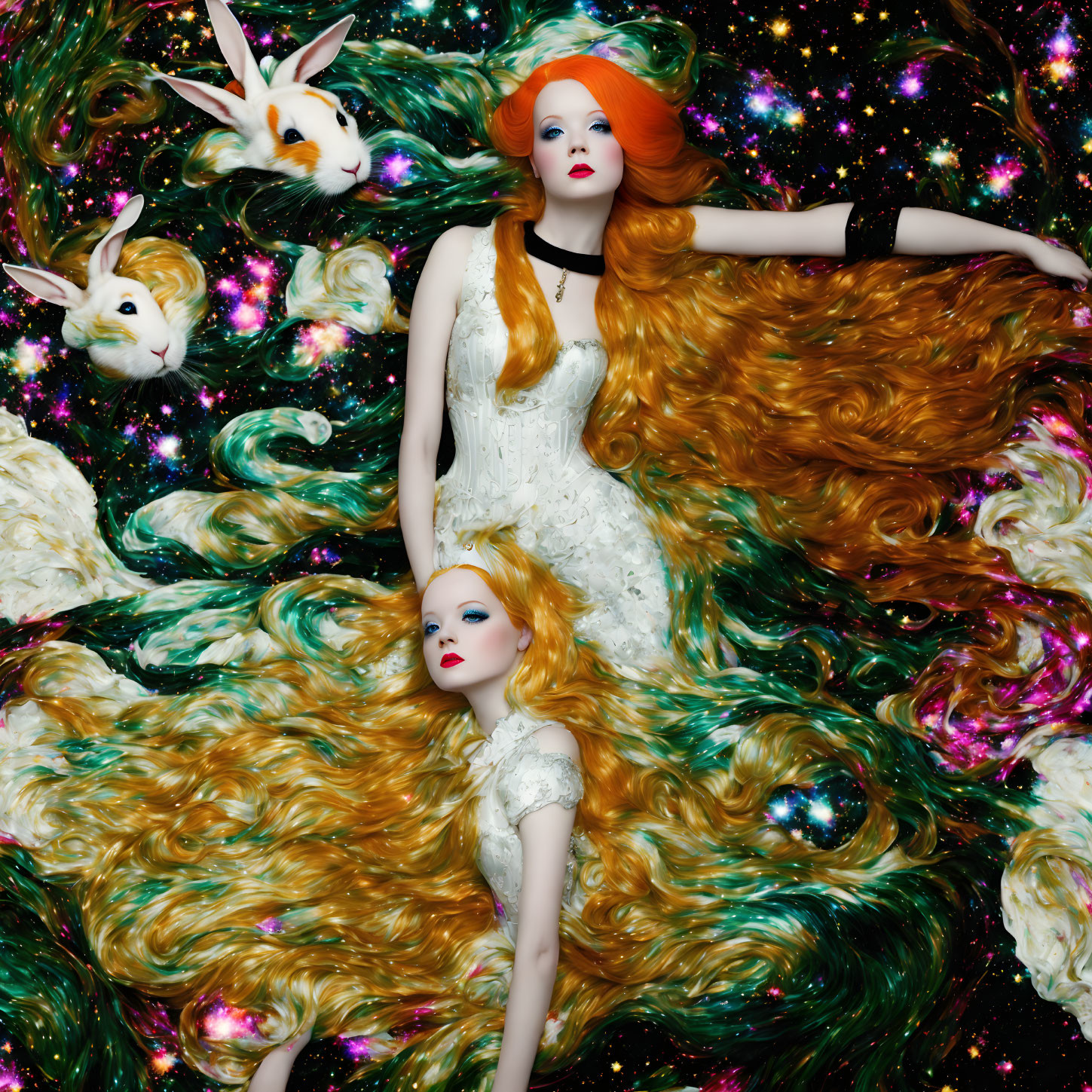 Surreal portrait of woman with red hair, rabbits, cosmic background