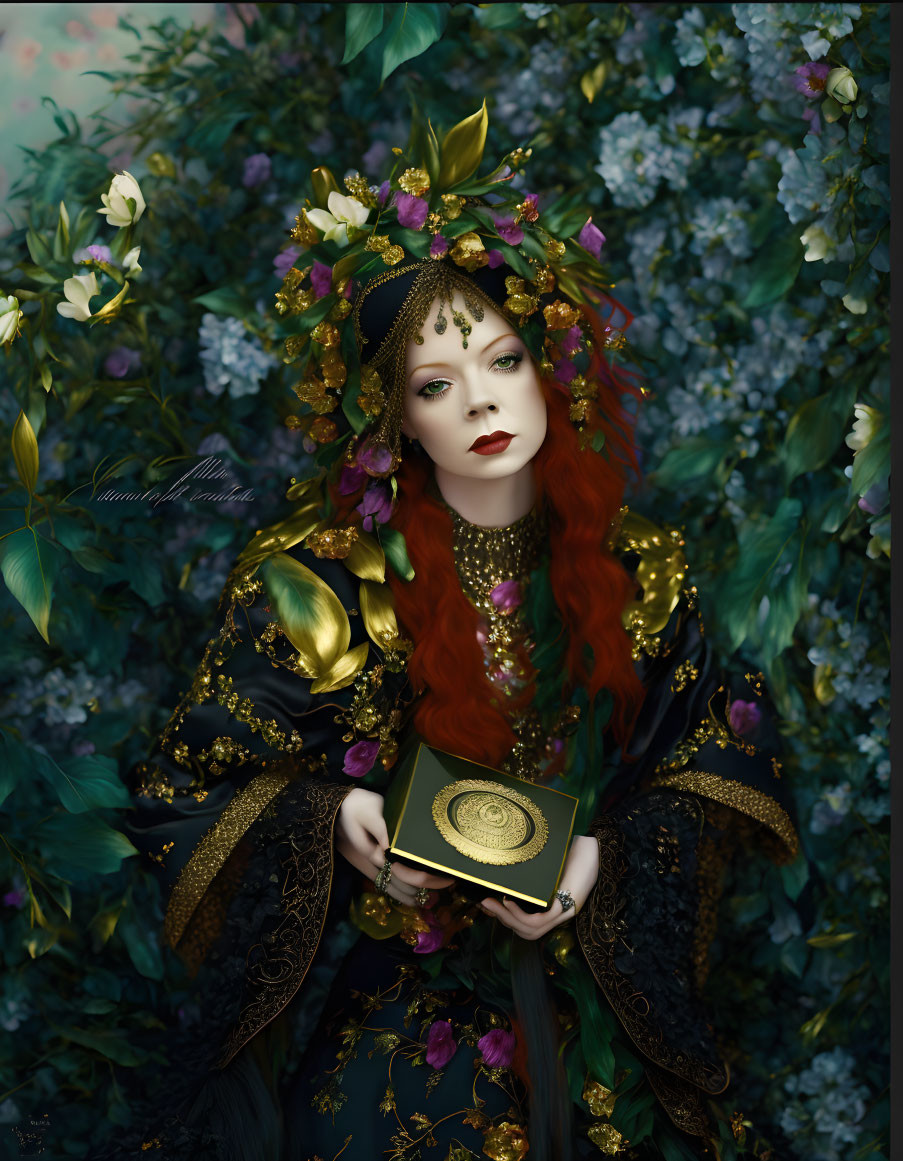 Red-haired woman in gold headpiece and robe with book among flowers