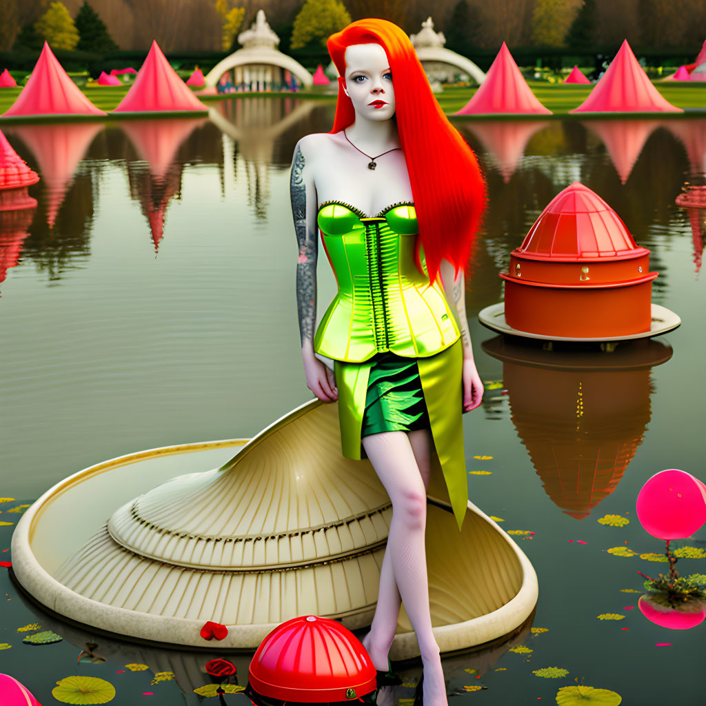 Vibrant red-haired woman on boat in whimsical pond with pink pyramids