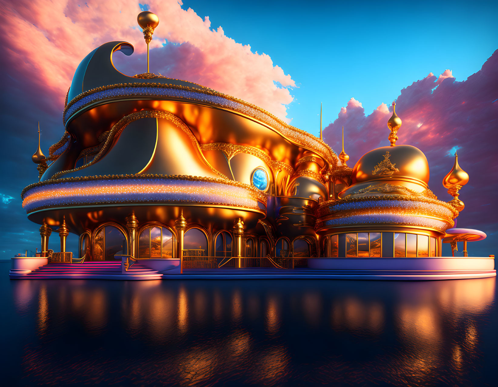 Ornate palace with golden domes by the water at sunset