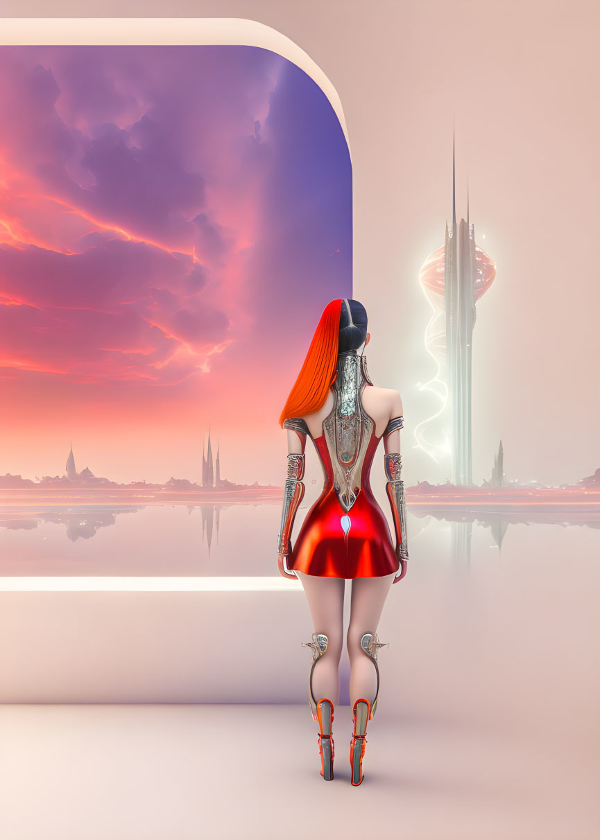 Futuristic female cyborg with red hair and cityscape backdrop at sunset