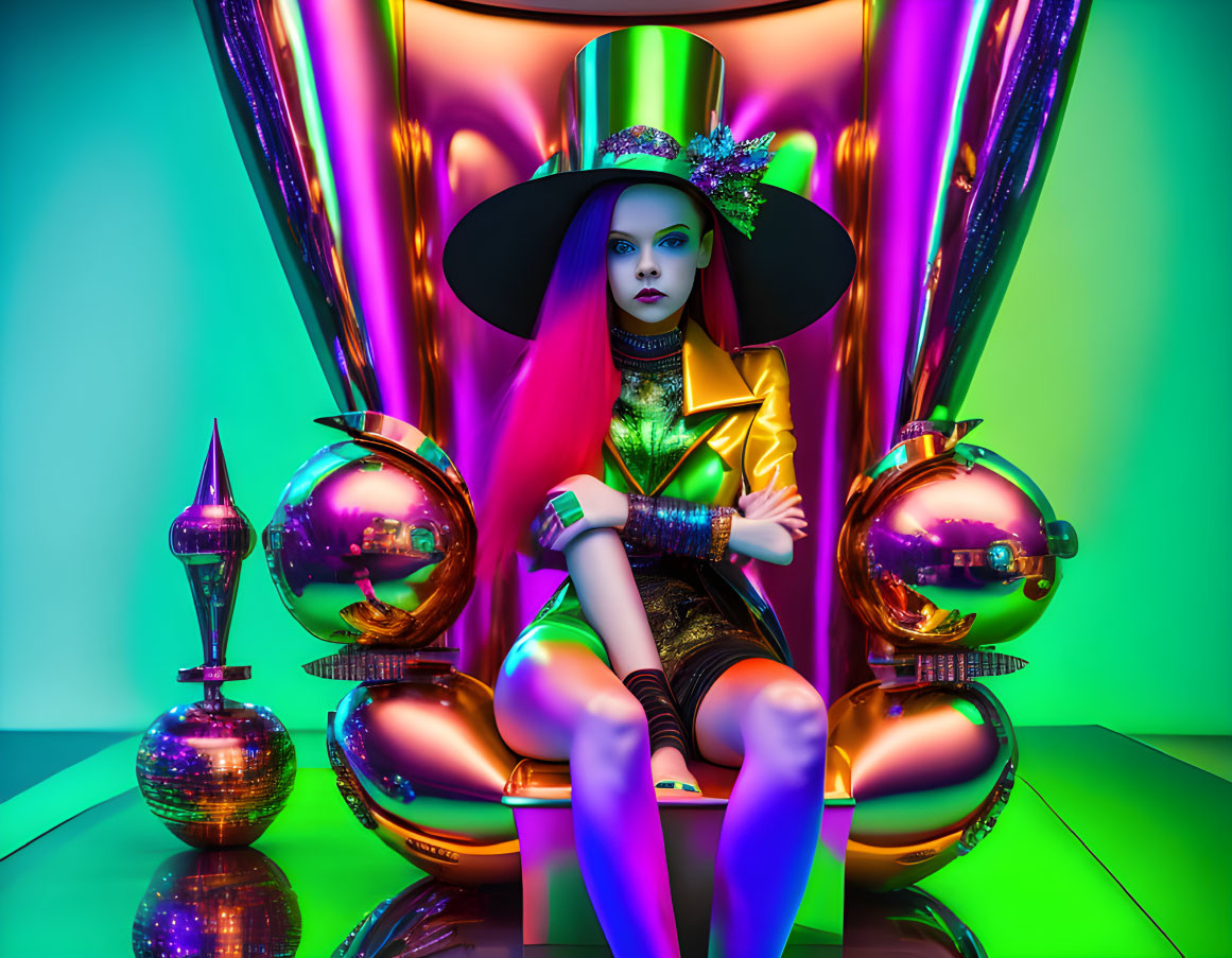Colorful portrait of woman with purple hair and bold makeup on golden throne in neon-lit room