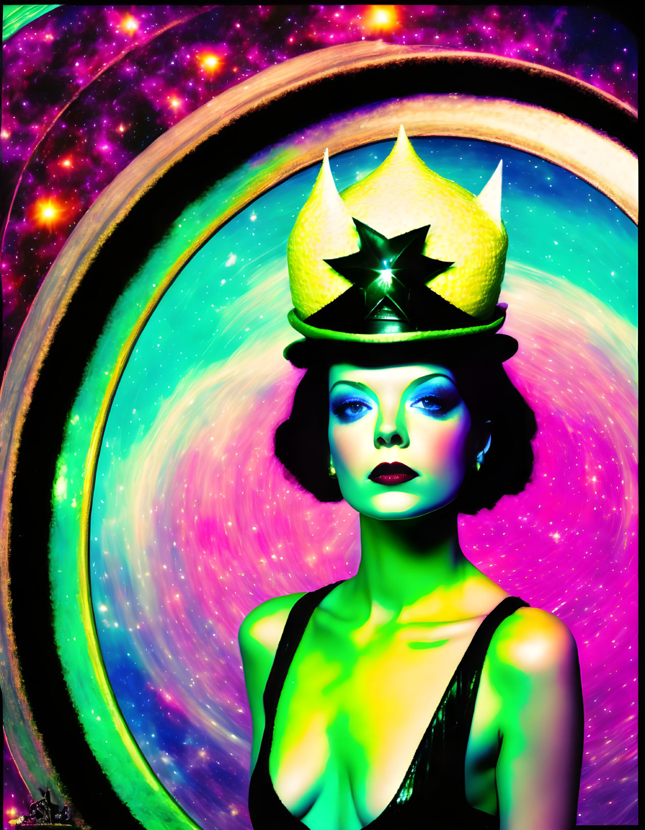 Portrait of woman with cosmic background and golden crown in circular frame