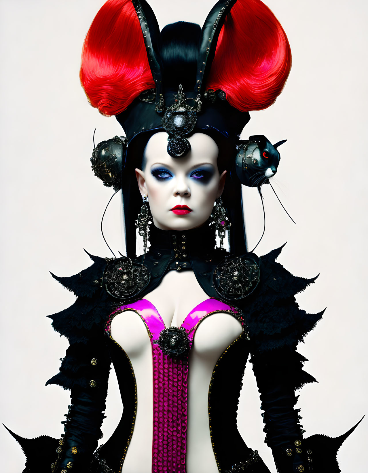 Elaborate black and red costume with horned headpiece and dramatic makeup.