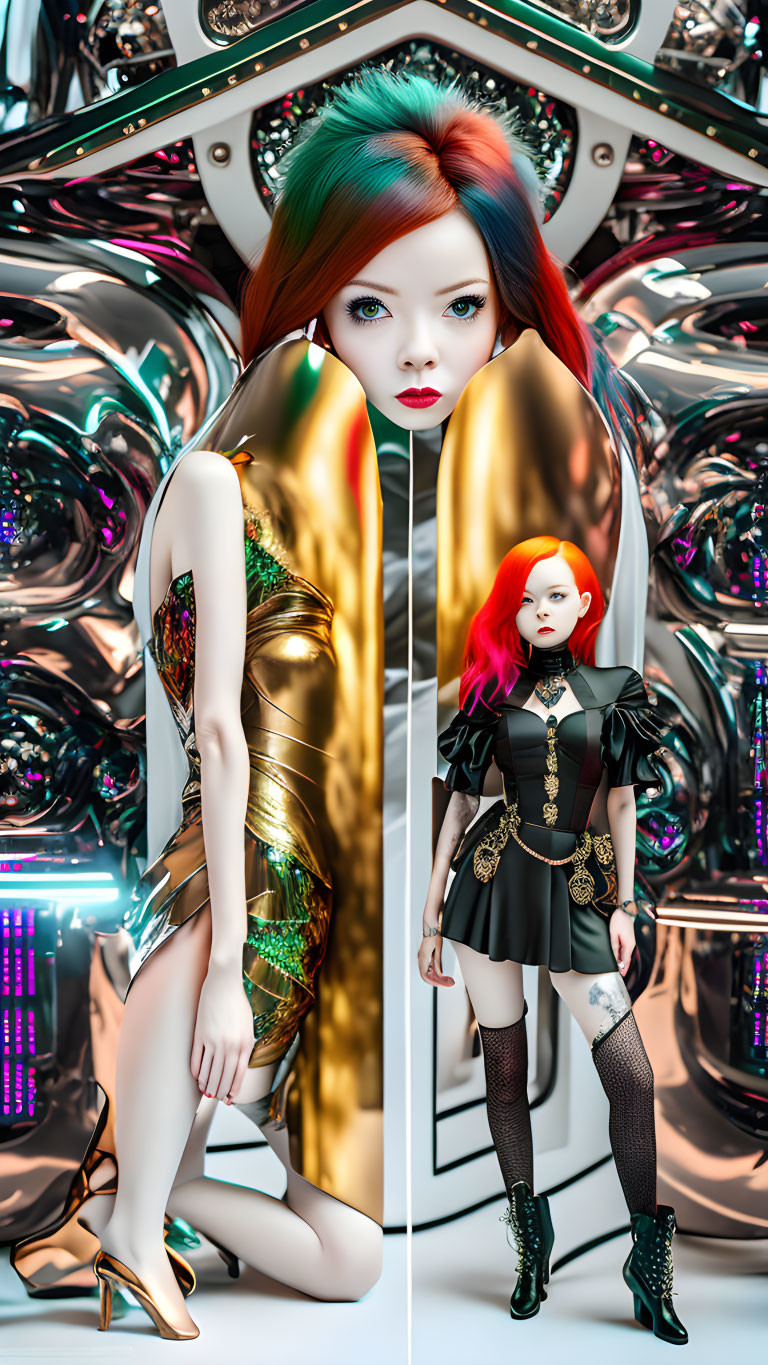 Colorful Hair & Makeup: Futuristic 3D Woman & Miniature Self in Metallic Environment