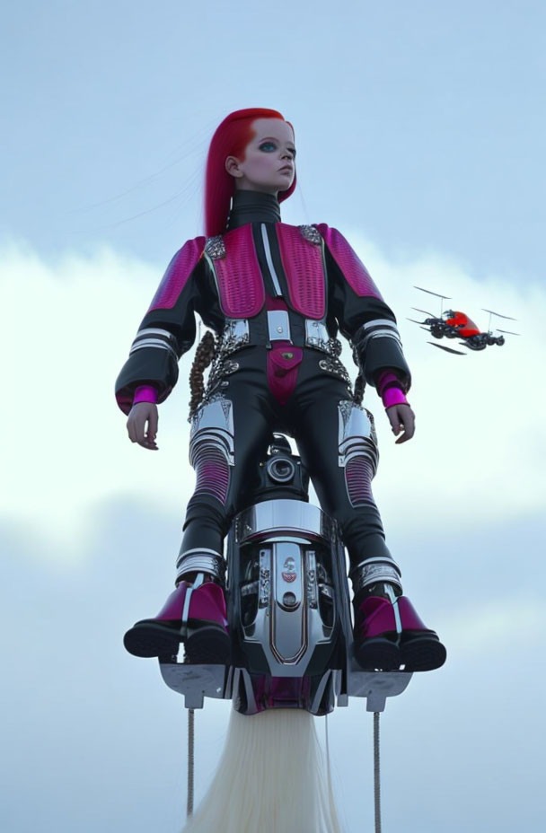 Futuristic girl with pink hair on motorized unicycle with drone in cloudy sky