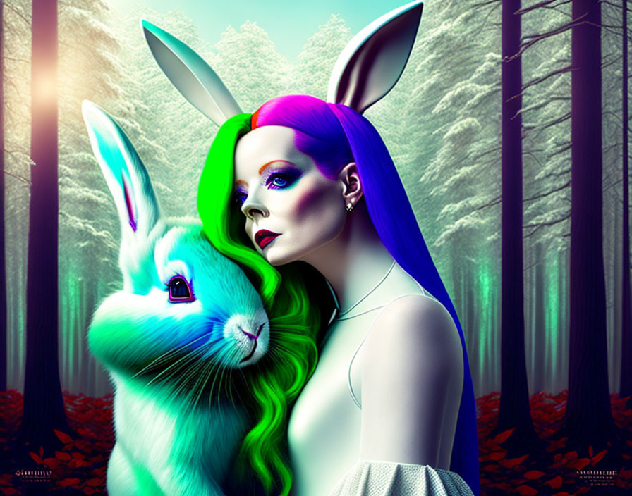 Vibrant digital artwork: Woman with rabbit features in mystical forest