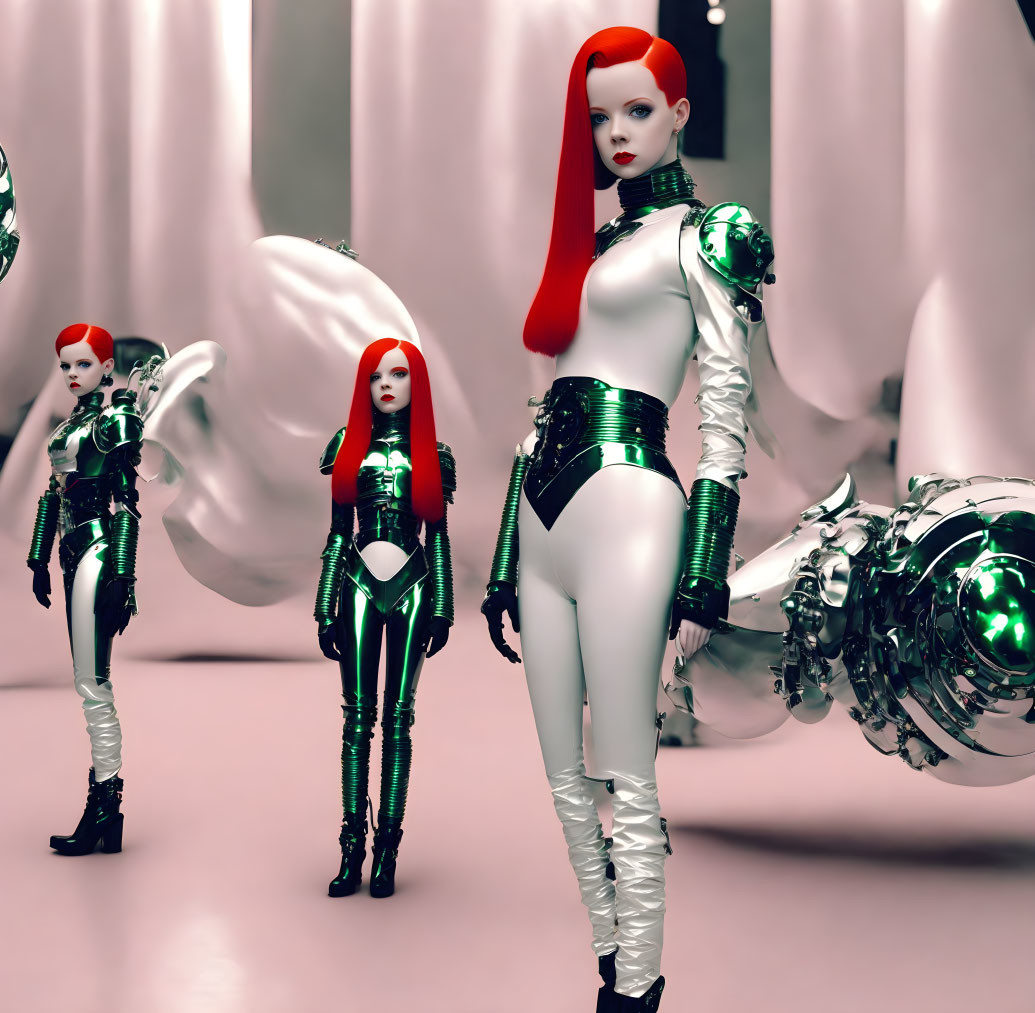 Three red-haired female androids in futuristic attire in pink room