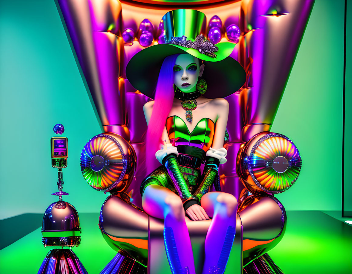 Colorful digital artwork of a stylized female figure in futuristic setting