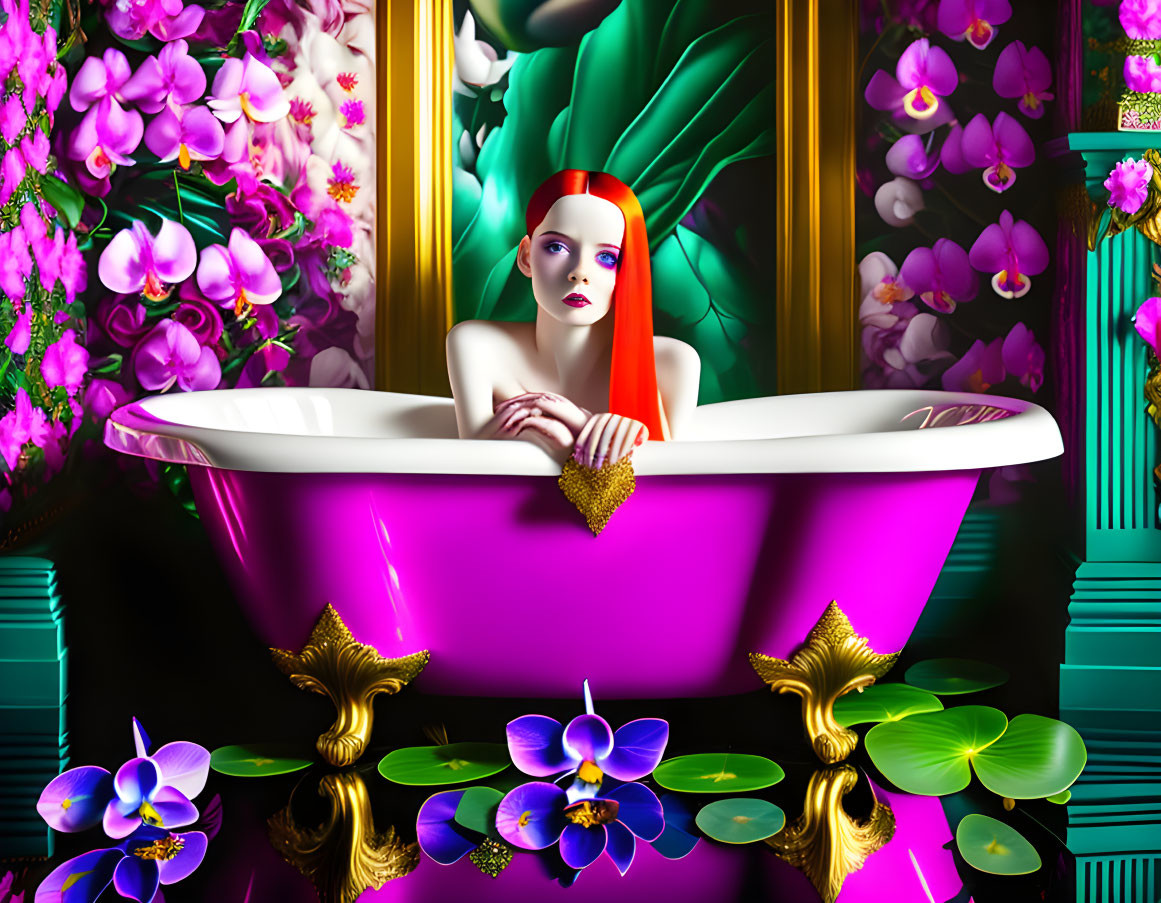 Surreal illustration of woman with red hair in purple bathtub