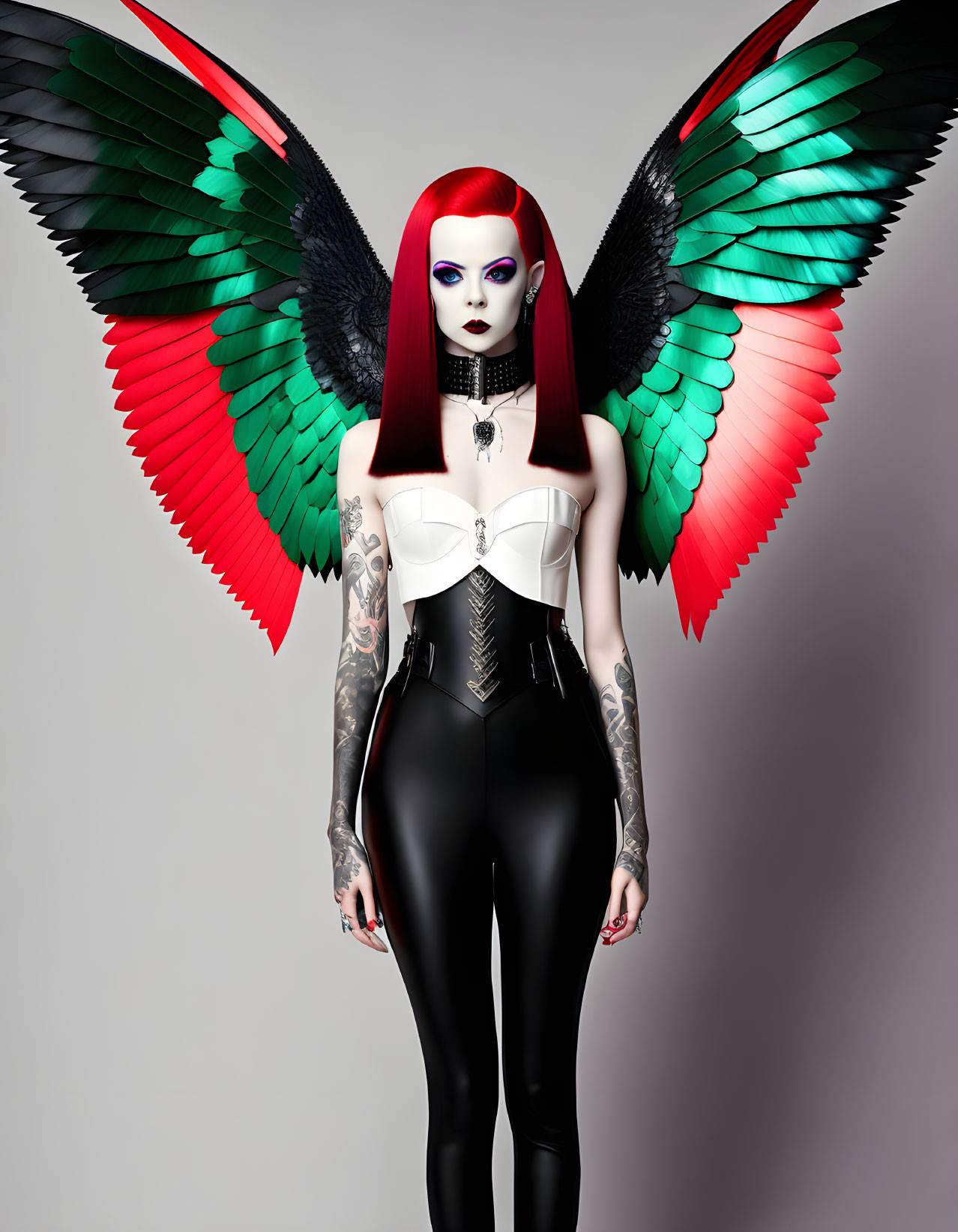 Stylized woman with red and black wings, tattoos, corset, and black pants.