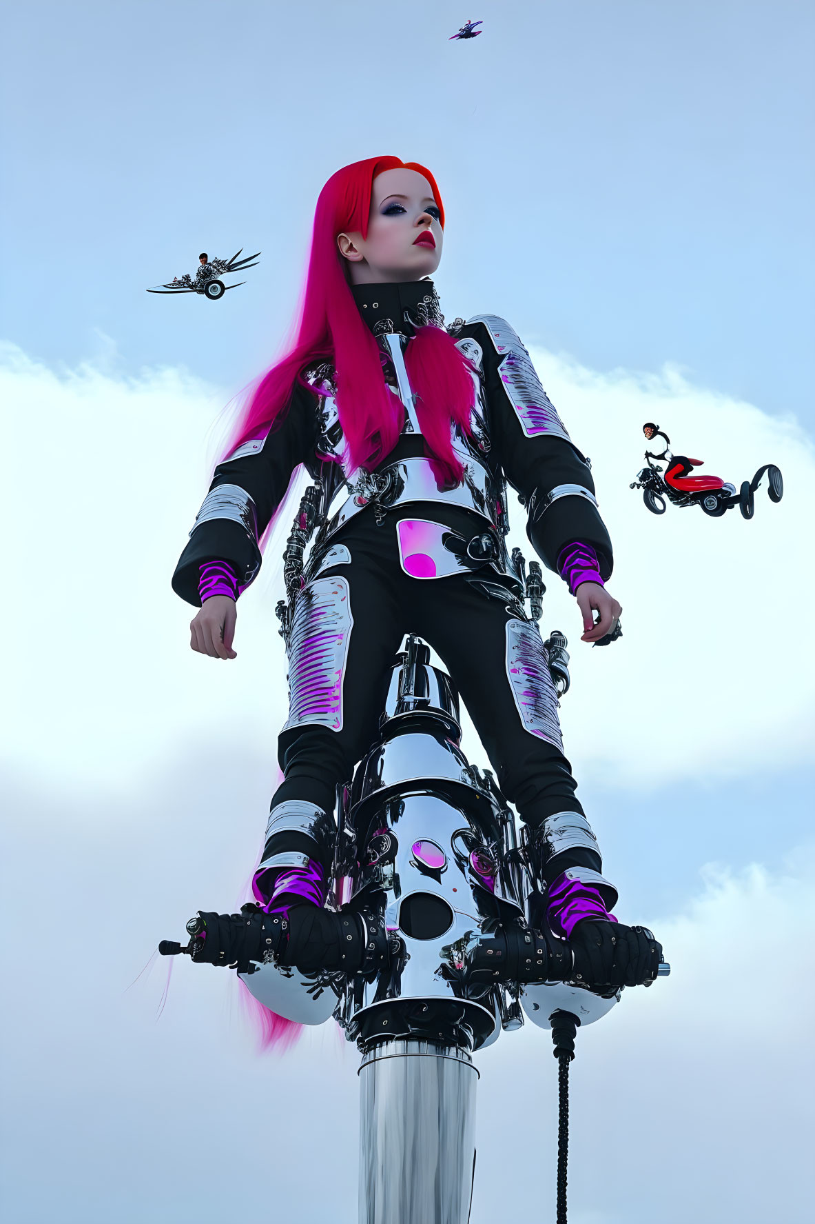 Futuristic woman with pink hair on mechanical device with drones and floating bike in background against blue sky
