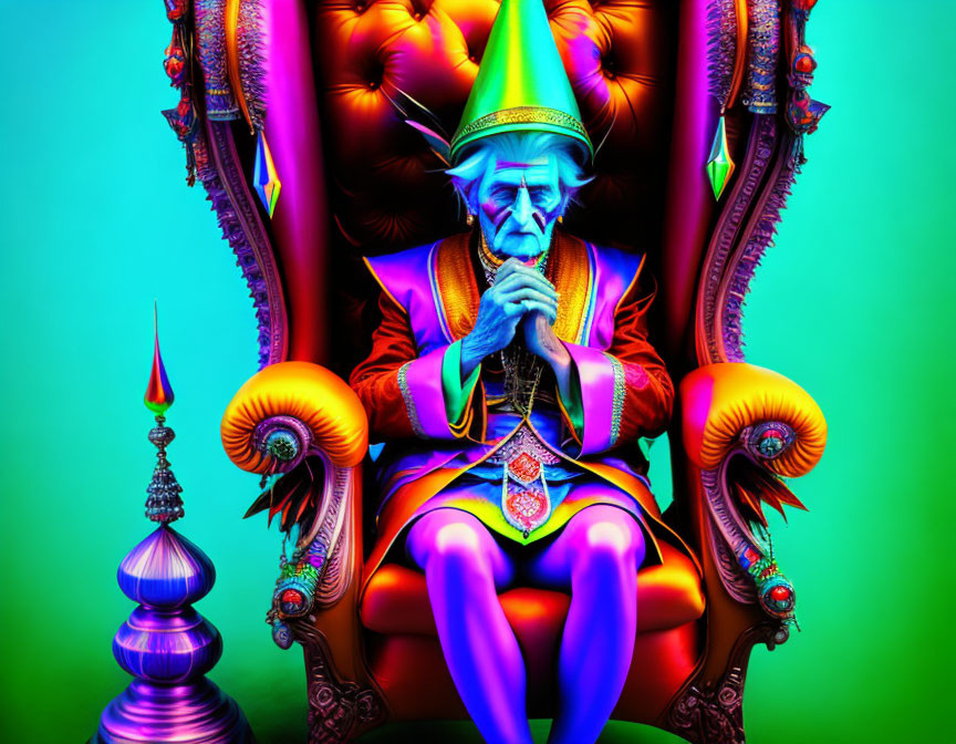 Elderly man in regal attire on ornate throne against vibrant teal background