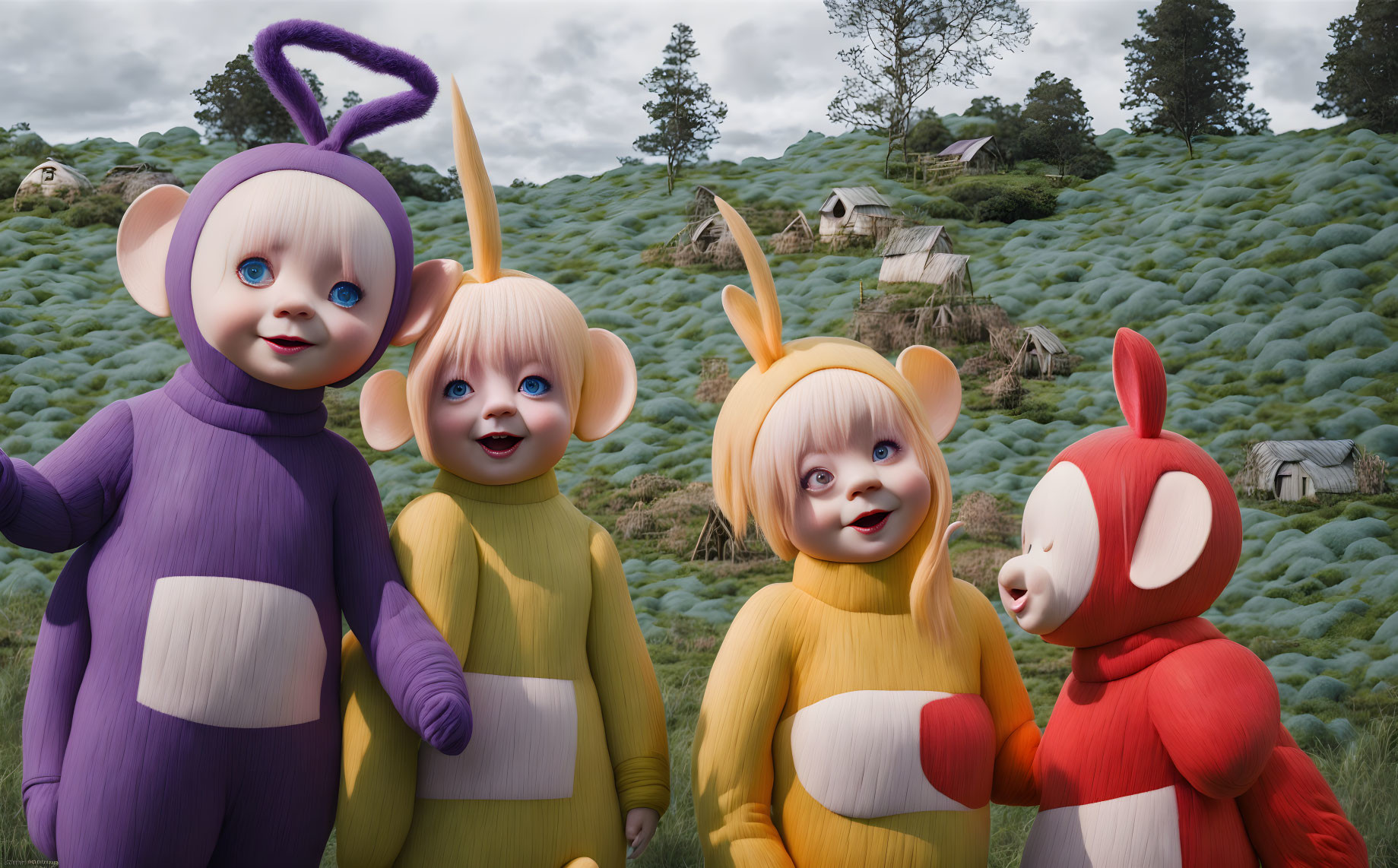 Four colorful Teletubbies in a whimsical outdoor landscape.