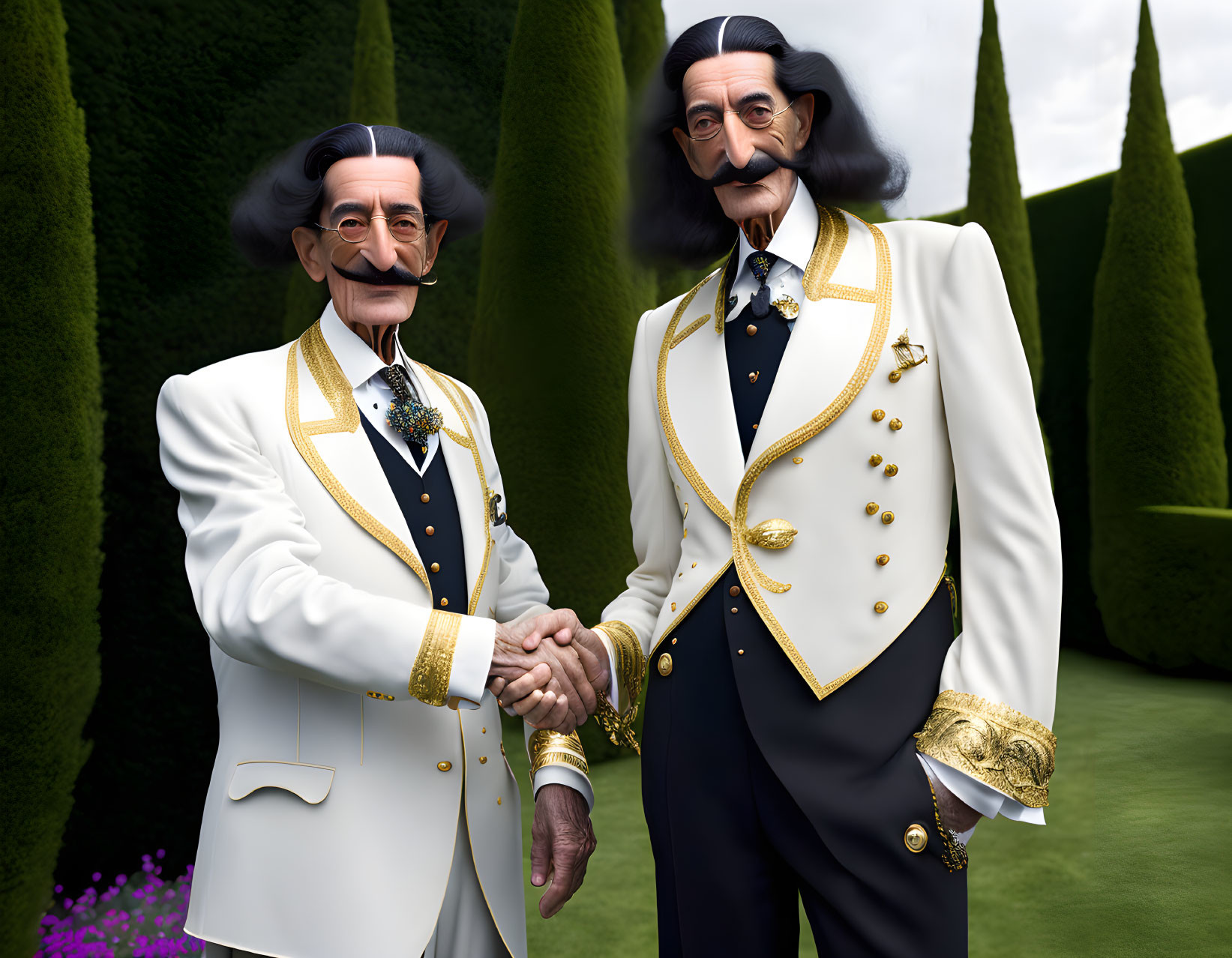 Identical animated characters in white suits shake hands with green topiary and purple flowers.