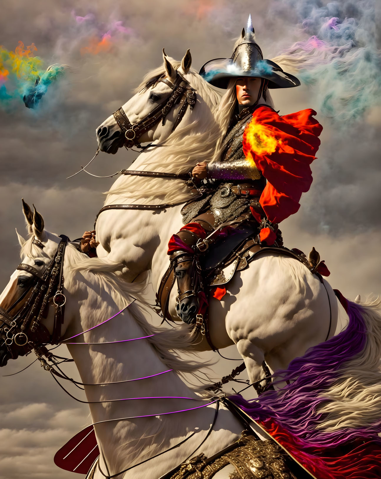 Warrior in ornate armor on two white horses in colorful, fantastical setting