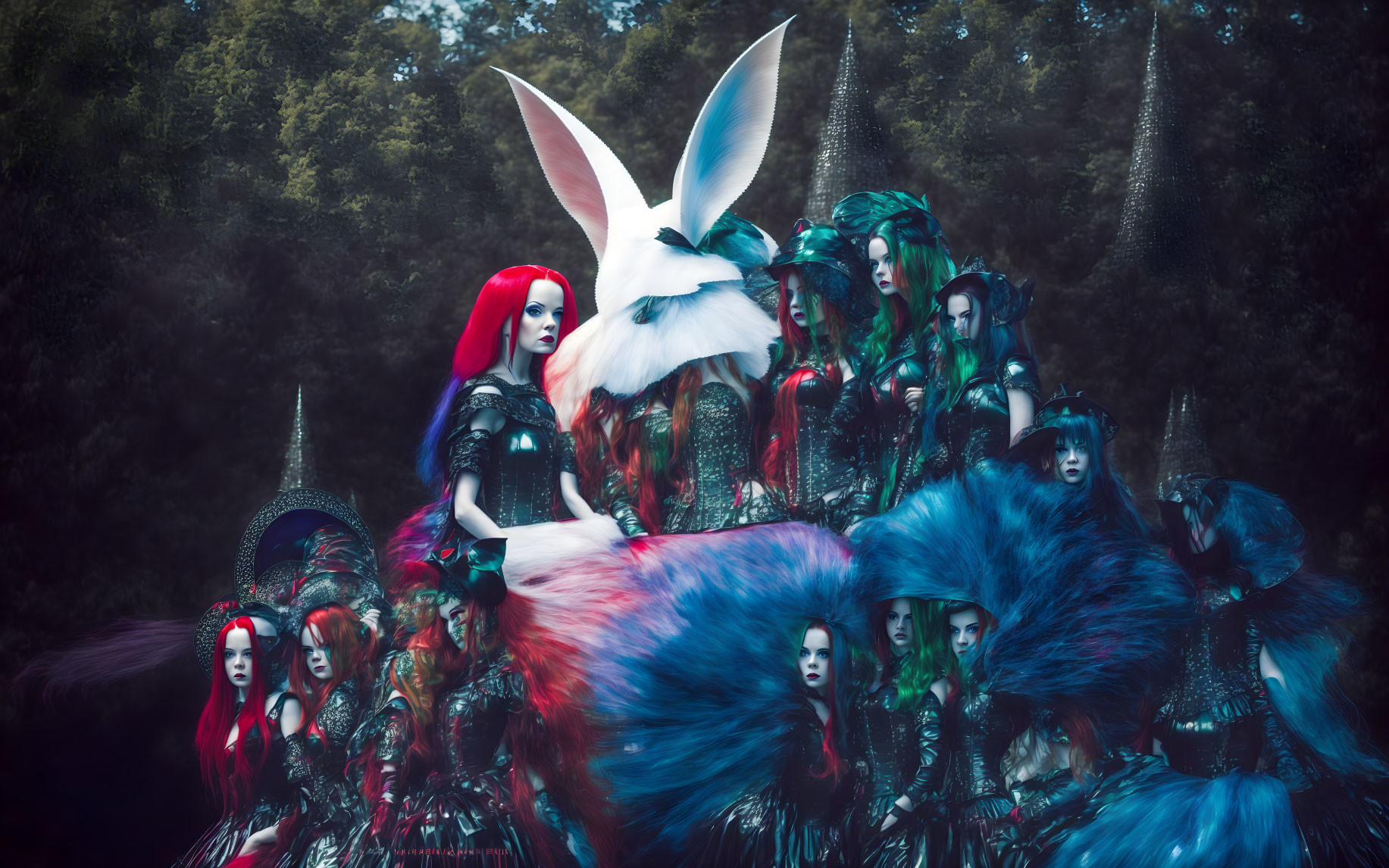 Individuals in elaborate fantasy costumes with vibrant hair in mystical forest setting