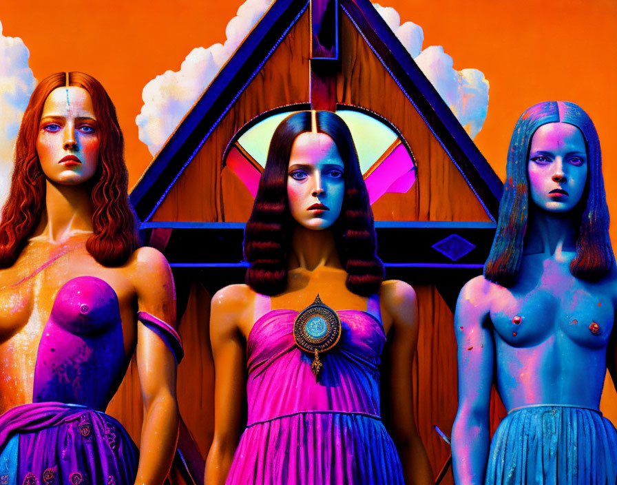 Vibrant surreal female mannequins on orange backdrop