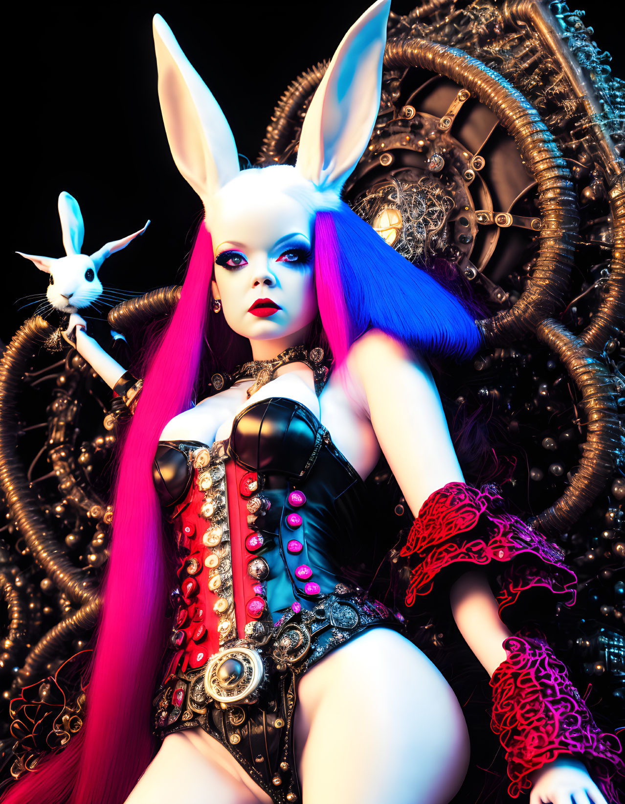 Colorful character with bunny ears and corset against gear backdrop