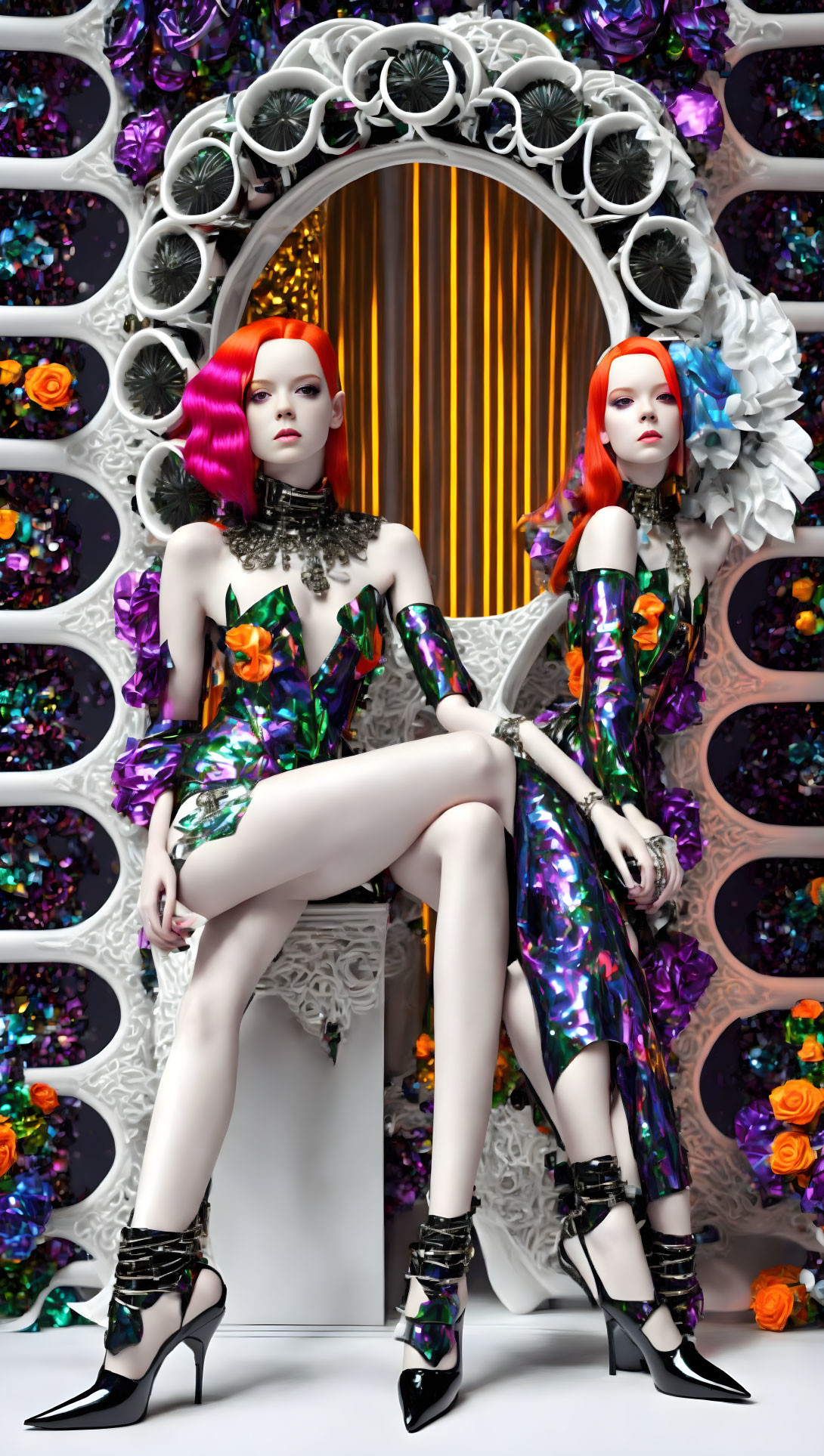 Symmetrical female figures with colorful hair and outfits by floral archway