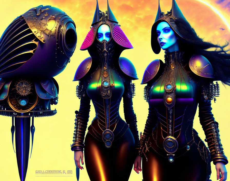 Detailed Armor on Futuristic Female Warriors with Alien Ship and Planets in Sunset Sky