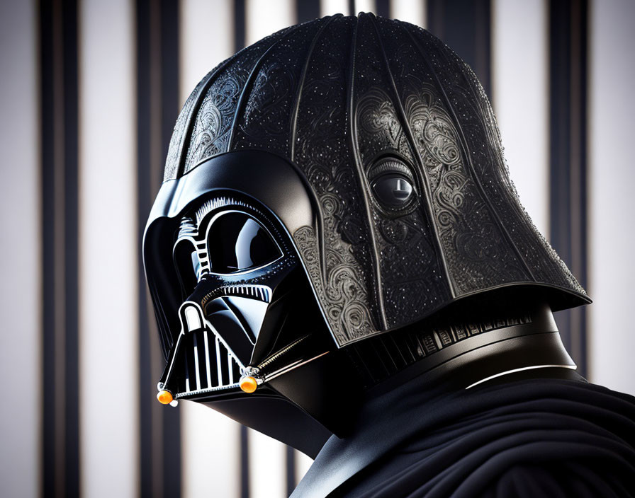 Detailed Darth Vader helmet with intricate patterns on striped background