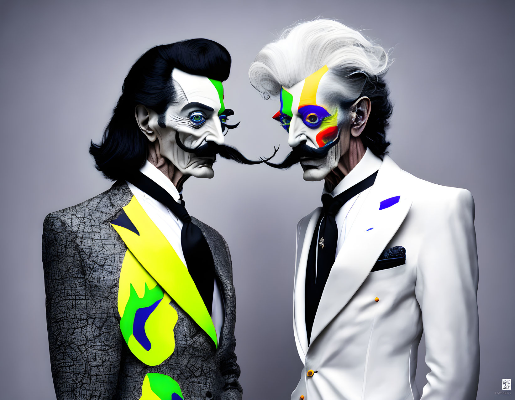 Stylized figures in artistic face paint, one white suit, one black suit, against grey background