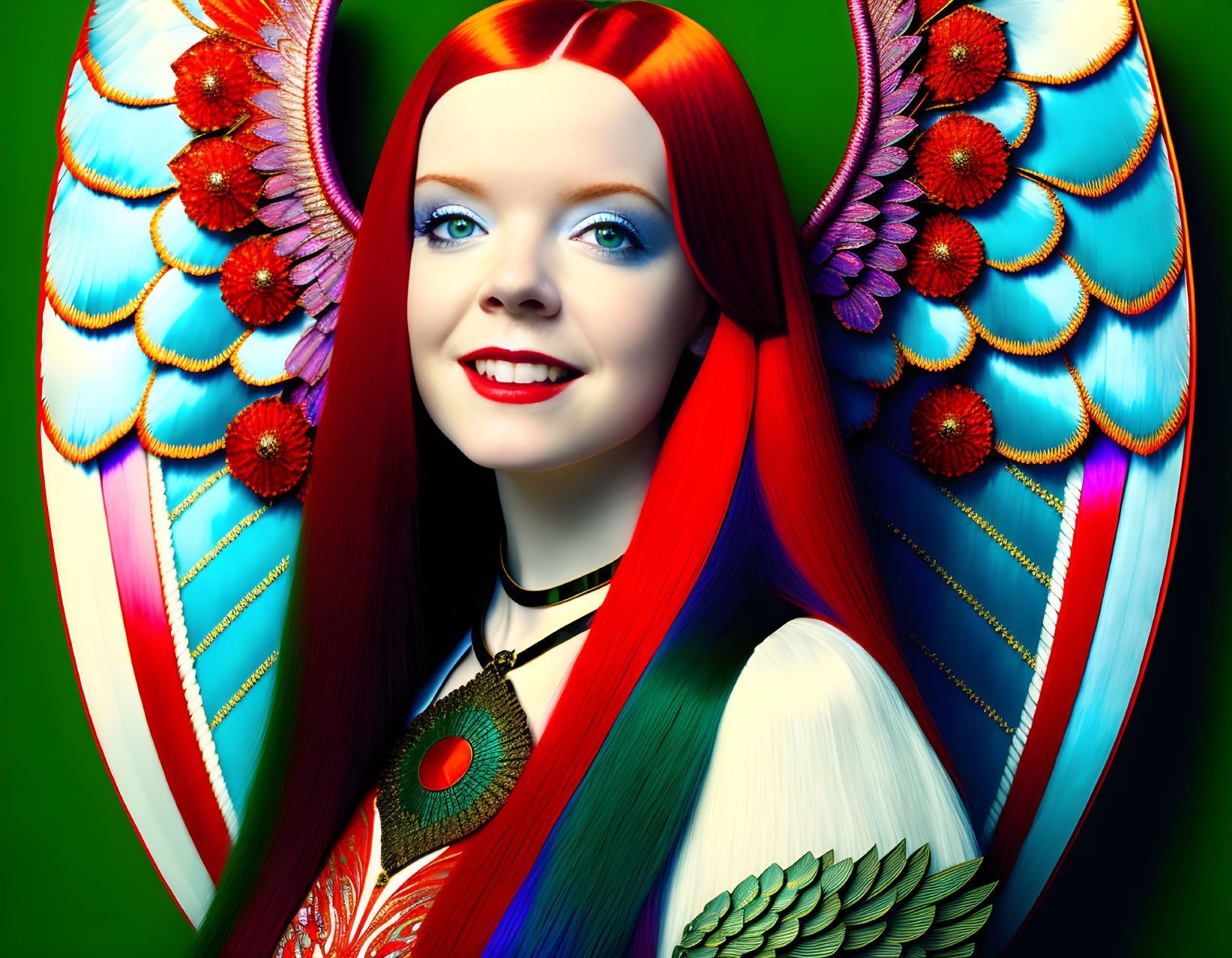 Smiling female figure with red and blue hair and butterfly wings