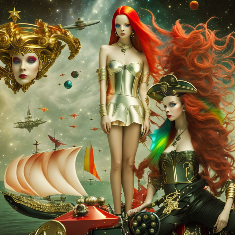 Fantasy art: Stylized women with elaborate hair and costumes in space-like setting.