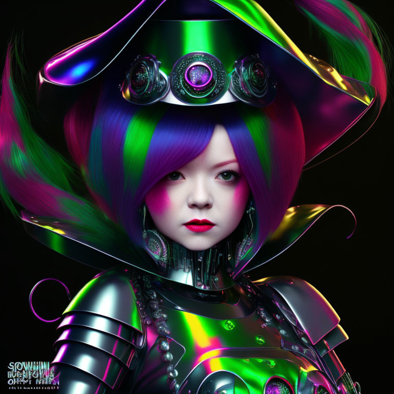 Colorful female figure in futuristic armor with wide-brimmed hat.