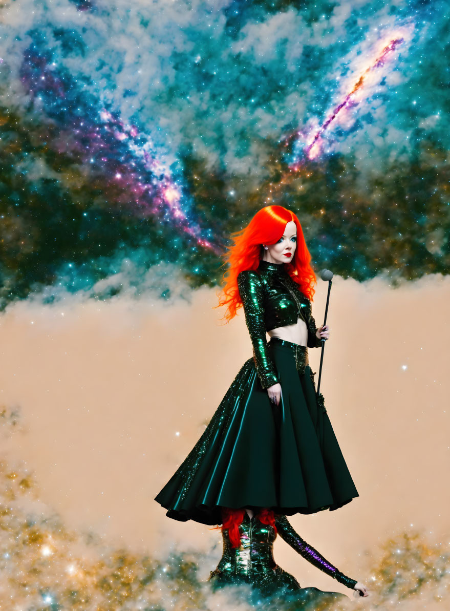 Fiery red-haired person in cosmic backdrop with staff, black dress, and red boots