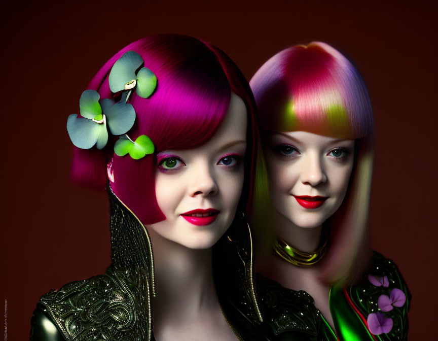 Colorful Women with Vibrant Hair & Floral Accessories on Dark Background