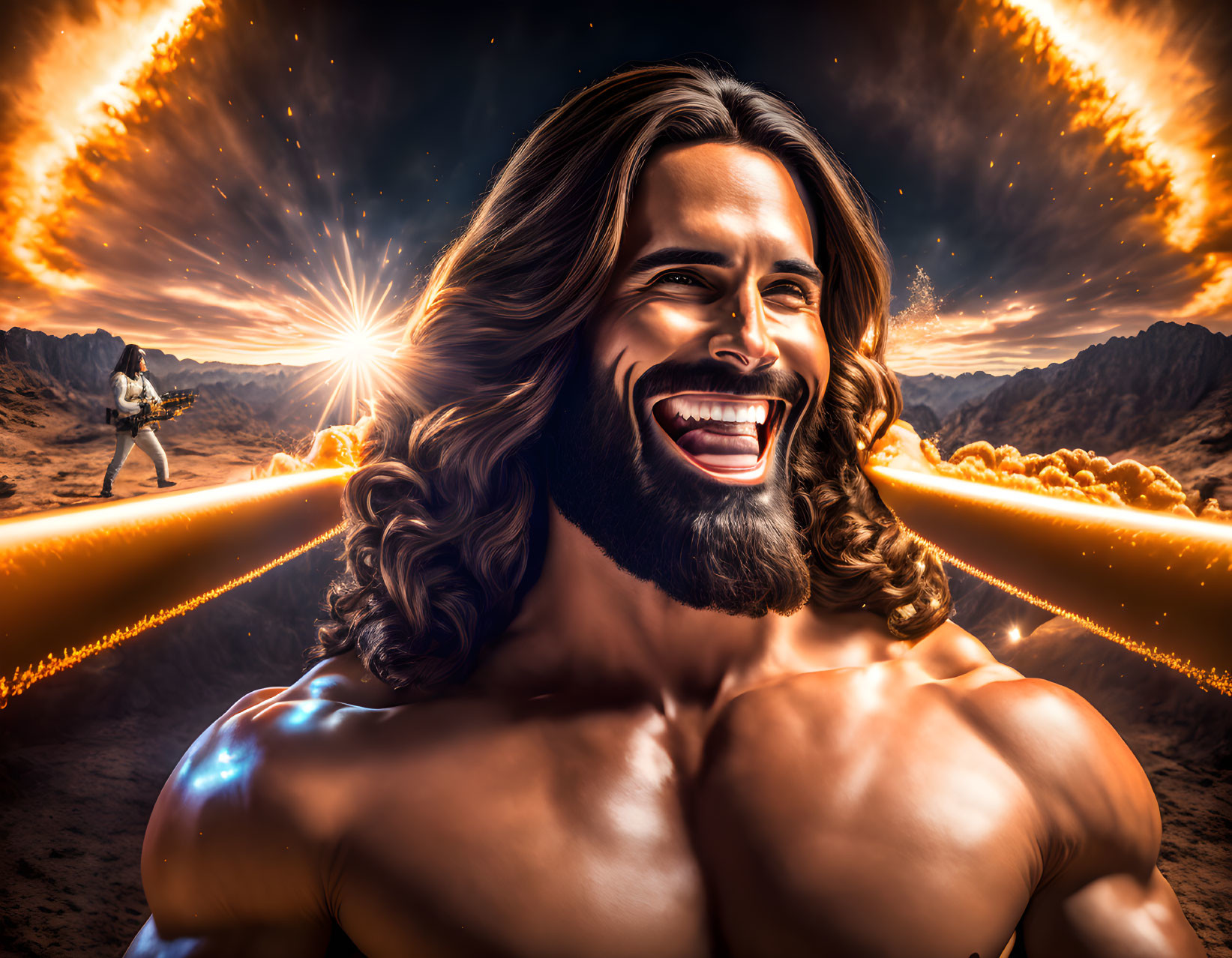 Muscular man in desert landscape with dramatic sky