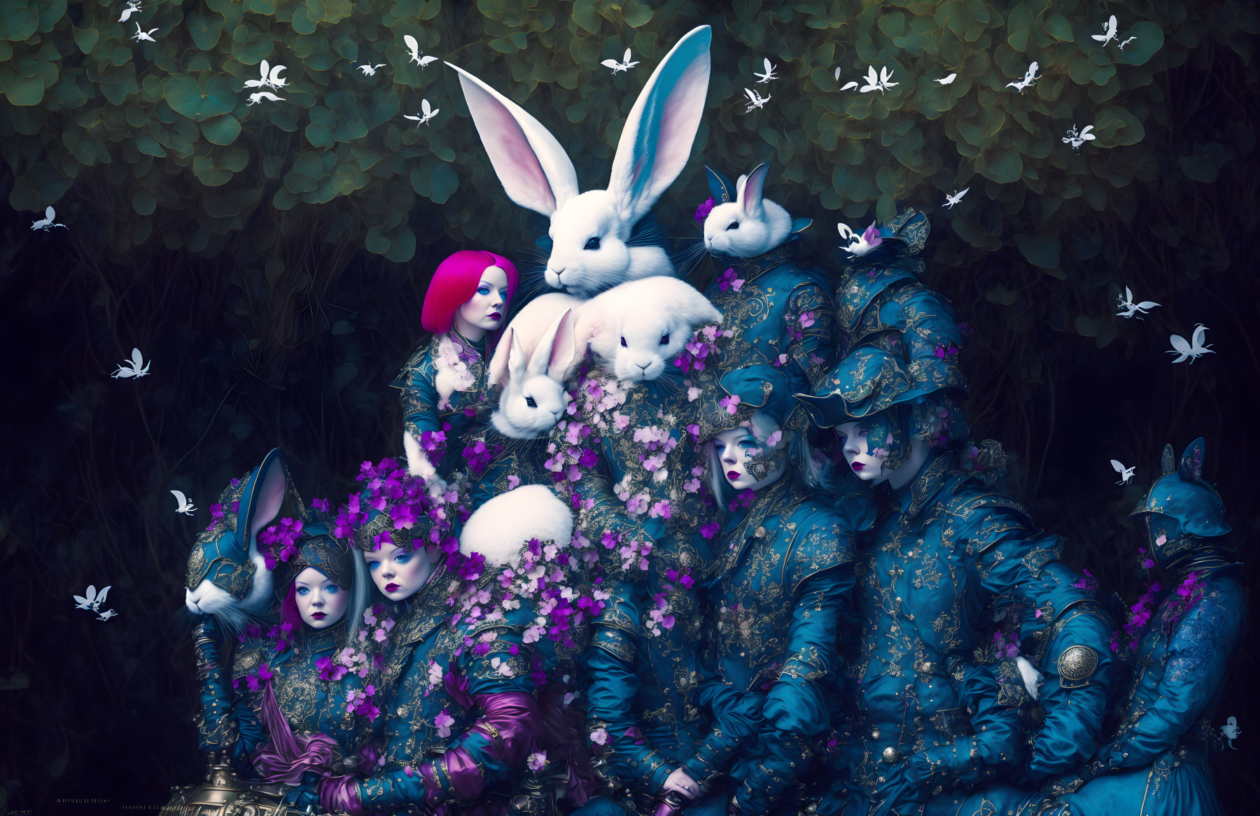 Surreal image of individuals in blue armor with covered faces among white rabbits, purple flowers, and