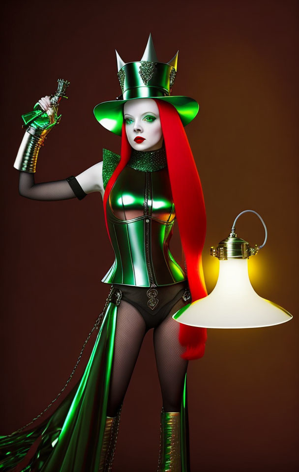 Futuristic female figure in green and black outfit with lantern and mechanical object, red hair and green
