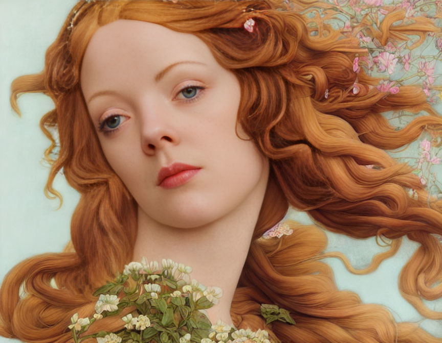 Detailed painting of woman with flowing red hair and pink blossoms, serene expression, holding bouquet.