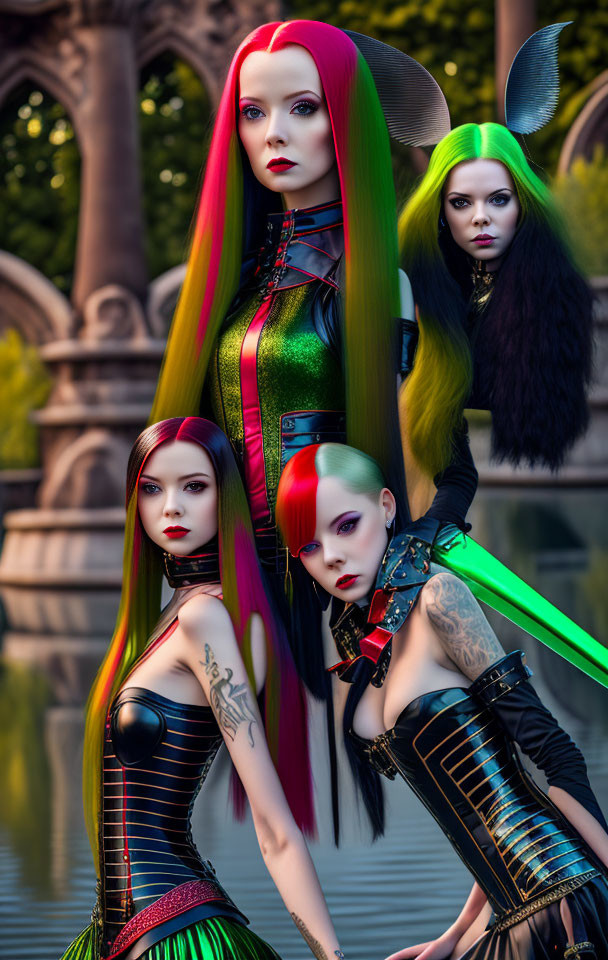 Stylized gothic female figures with vibrant hair and tattoos in black corsets pose against intricate backdrop