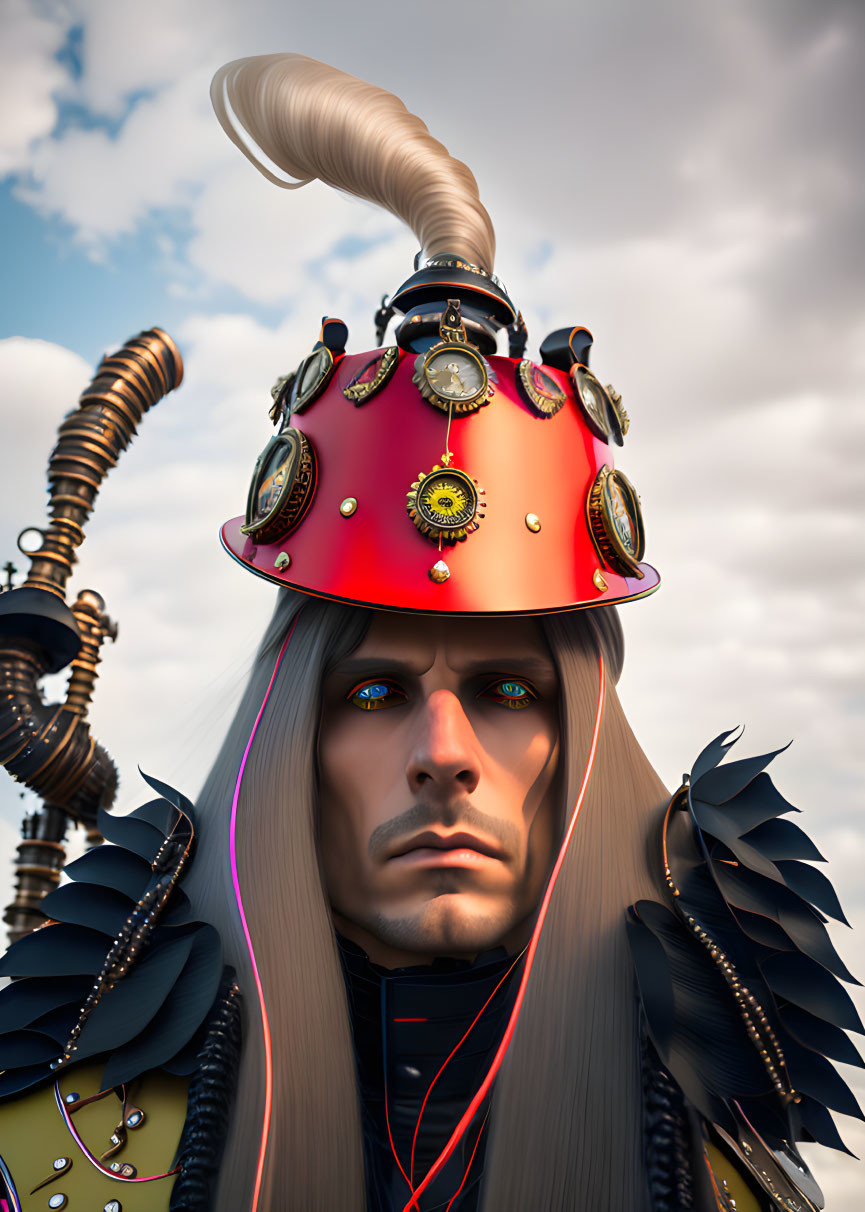 Detailed illustration of male figure with long hair in red ornate helmet with mechanical elements and serious expression