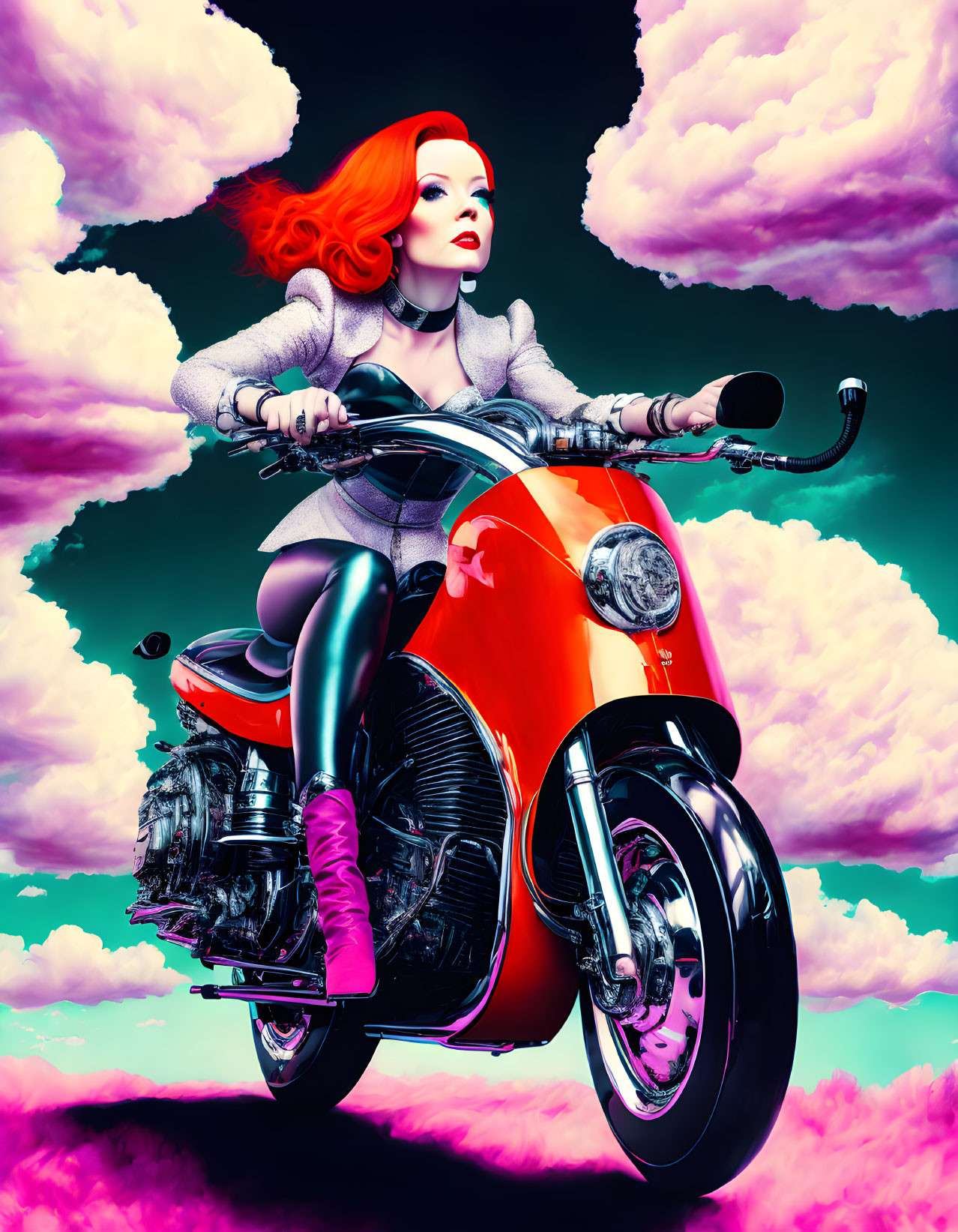 Vibrant red-haired woman on orange motorcycle under surreal sky