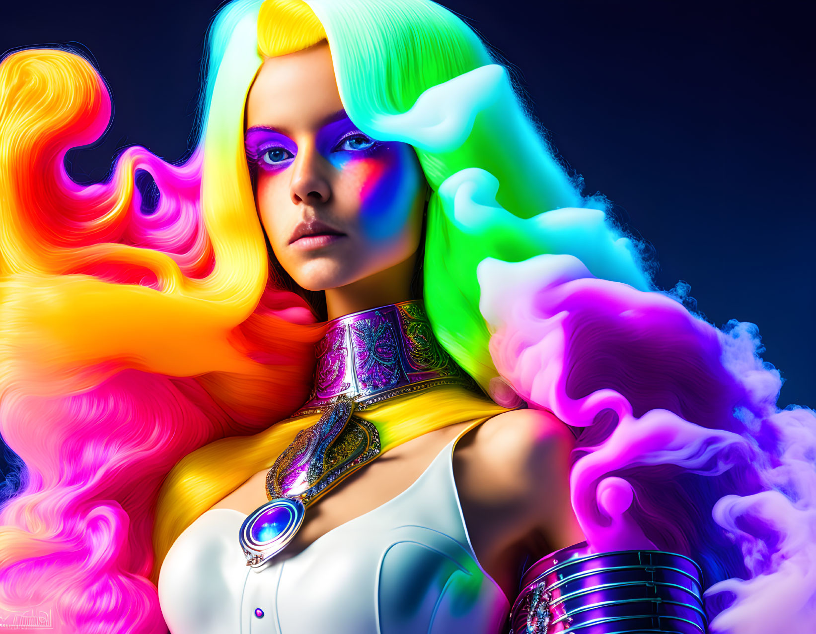 Vibrant digital artwork: Woman with neon hair, futuristic makeup, metallic attire on dark backdrop