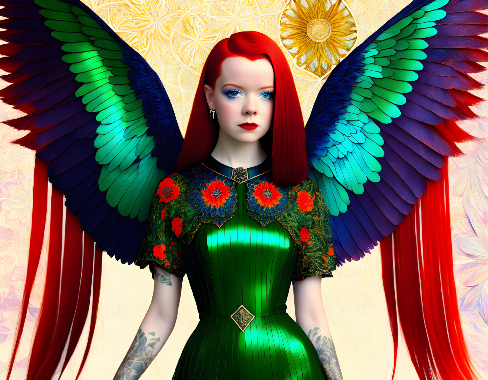 Vivid Red-Haired Woman with Blue and Red Wings in Green Dress Artwork