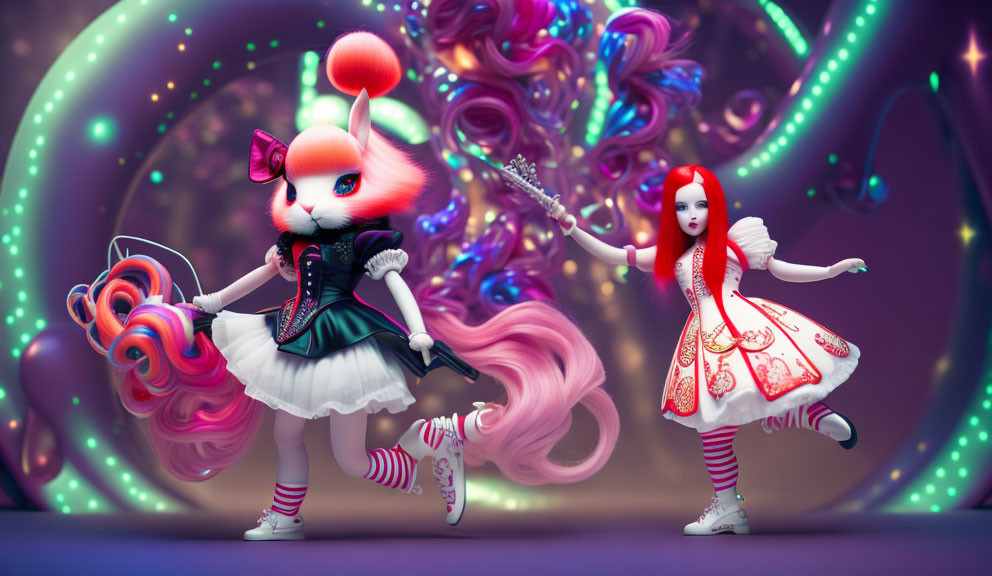 Stylized whimsical characters in colorful fantasy setting with fox-like head and doll-like appearance