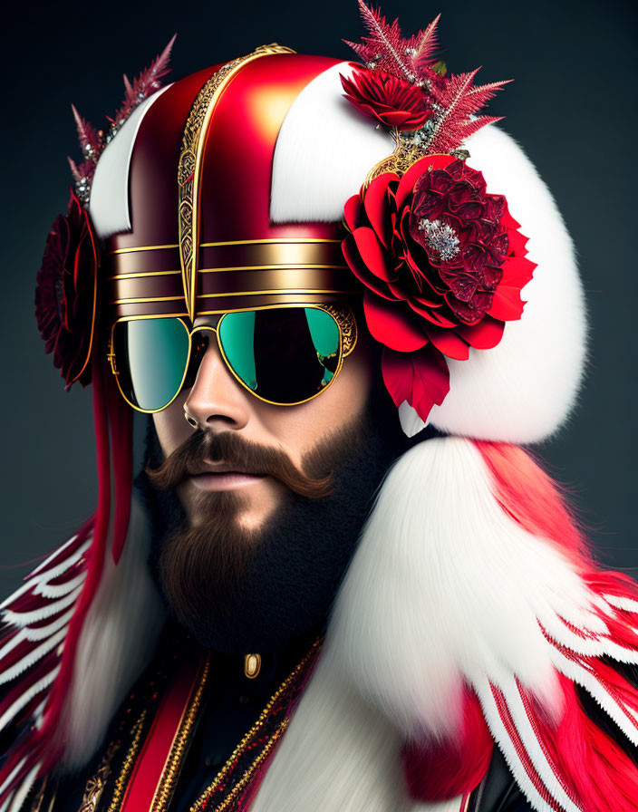 Bearded man in red and gold helmet with sunglasses