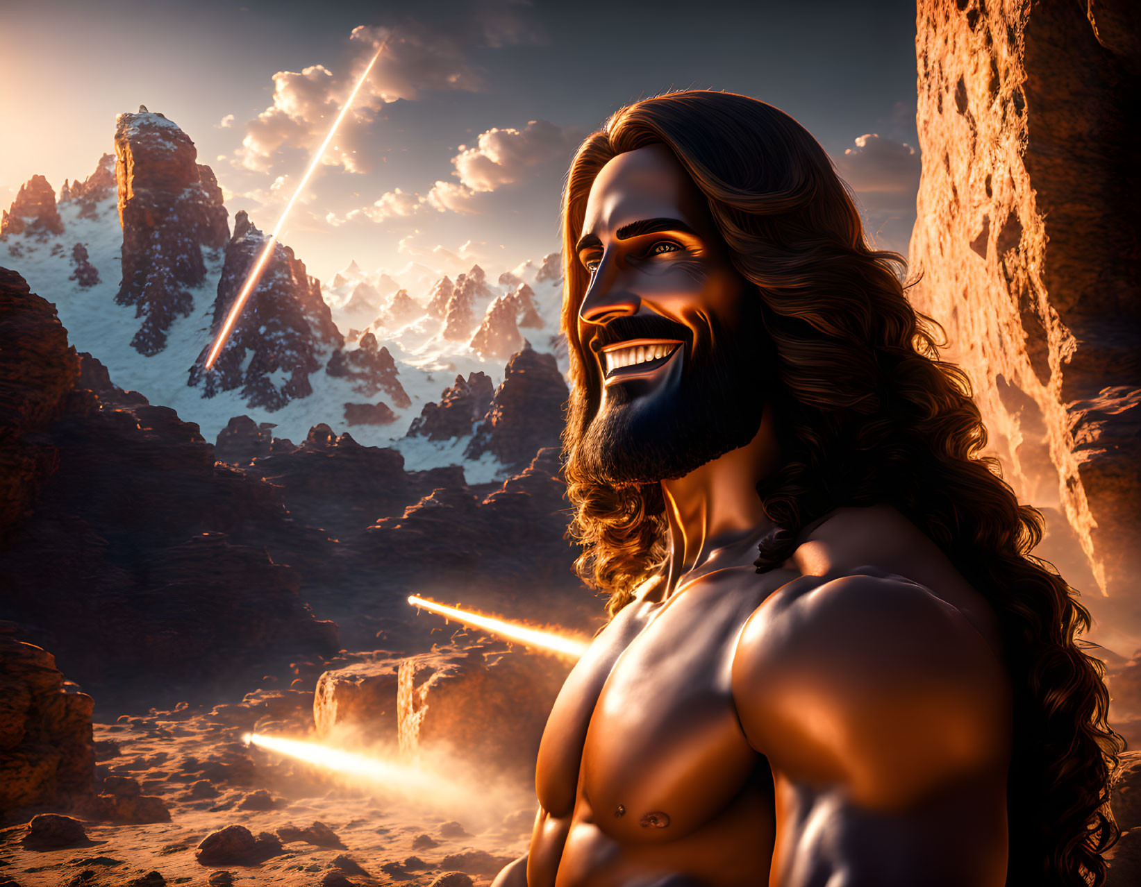 Muscular animated man with long hair and beard in canyon with two suns
