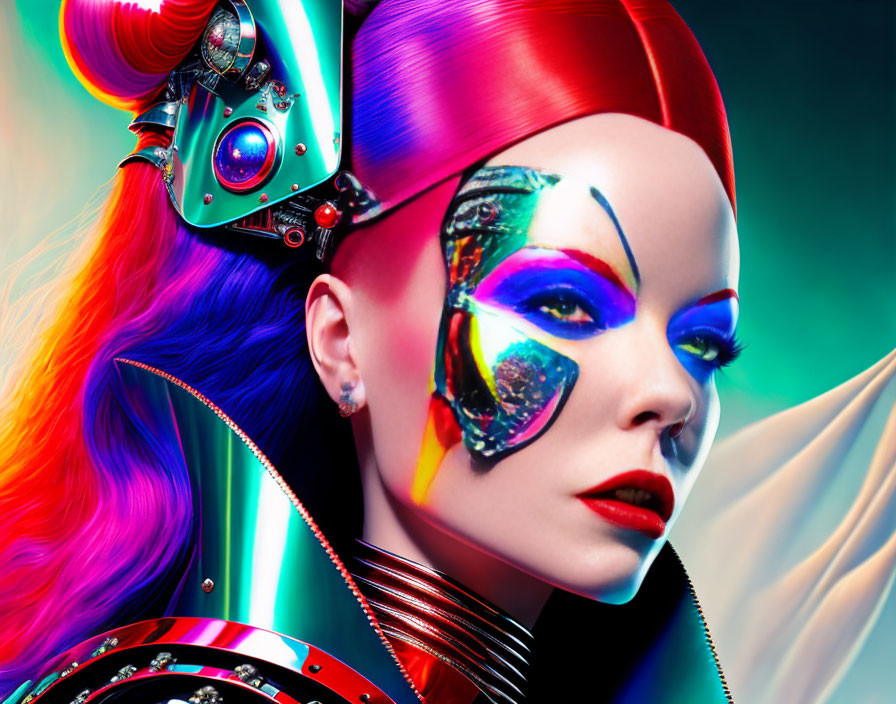 Vividly colored futuristic female cyborg with detailed mechanical components