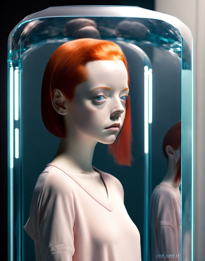 Red-haired woman between two mirrors reflecting loop