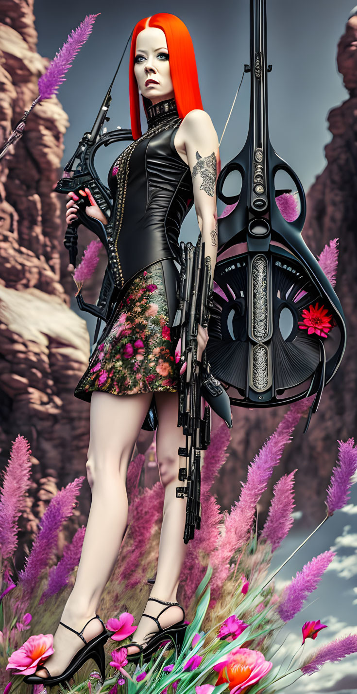 Stylized female figure with red hair and futuristic weapons amidst pink flowers