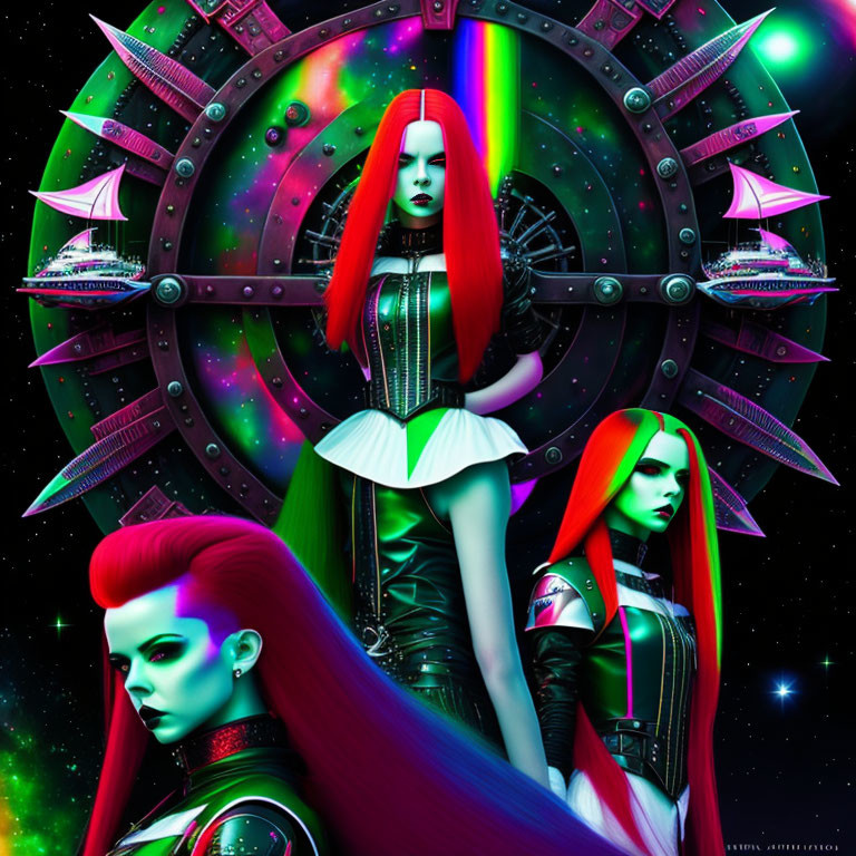 Vibrant red-haired futuristic females in edgy attire against cosmic backdrop