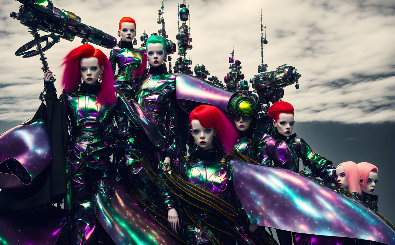Futuristic robotic figures with red and pink hair in metallic outfits against cloudy sky