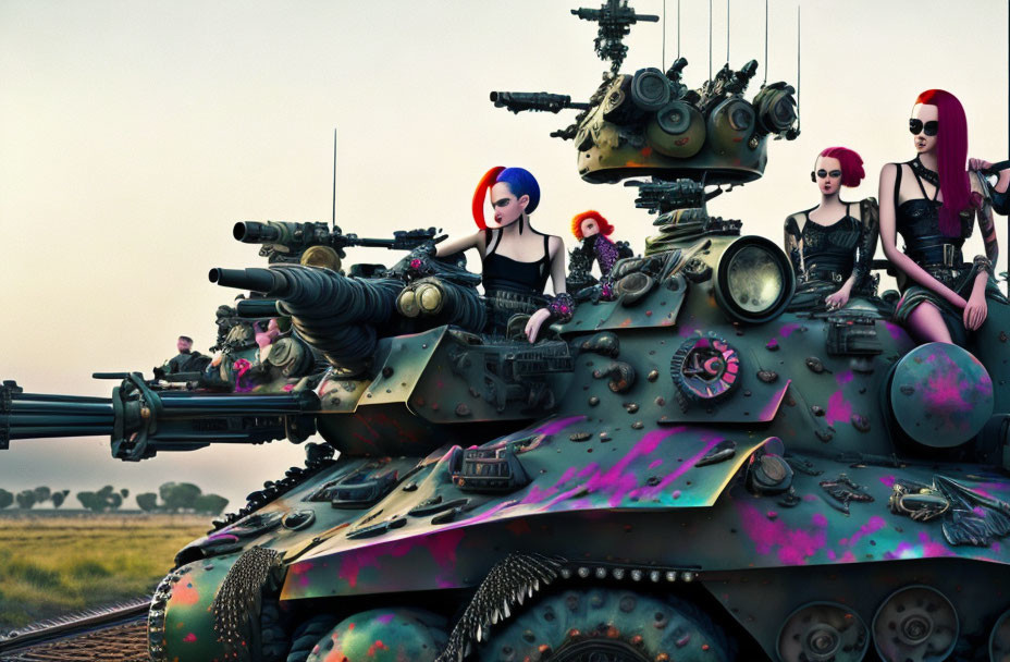Vividly painted tank with three women in colorful hair and edgy outfits